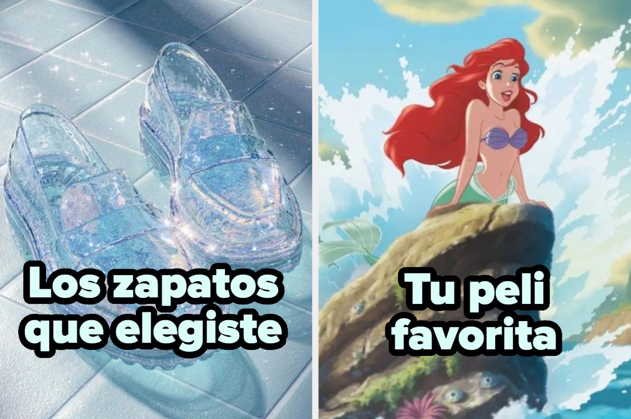 Zapatos de cristal a la izquierda con el texto "Los zapatos que elegiste". Ariel de La Sirenita sobre una roca a la derecha con el texto "Tu peli favorita"