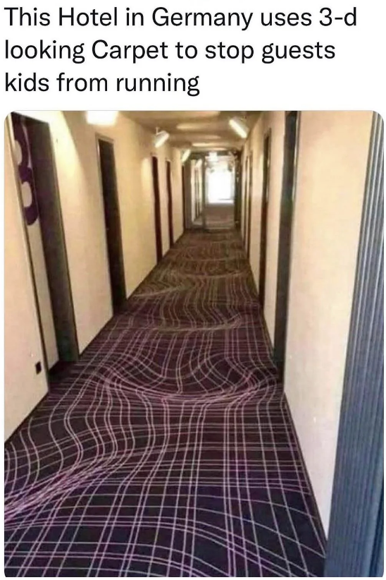 A hotel hallway in Germany features a patterned carpet that creates a 3D illusion, making it appear uneven to deter kids from running