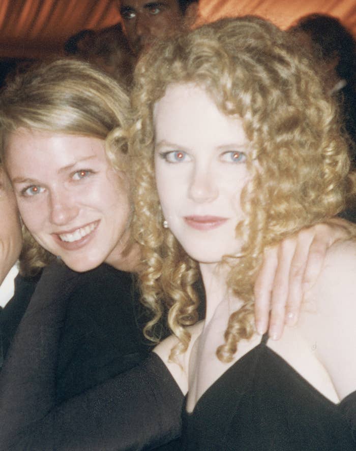 Nicole Kidman, and Naomi Watts at a formal dinner event in 1995, dressed in elegant evening attire, smiling at the camera