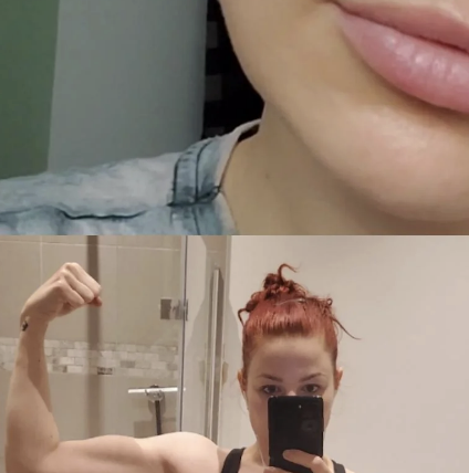 Close-up of a woman's face and then a selfie of her flexing her arm muscles in a bathroom mirror while wearing a tank top. Names unknown