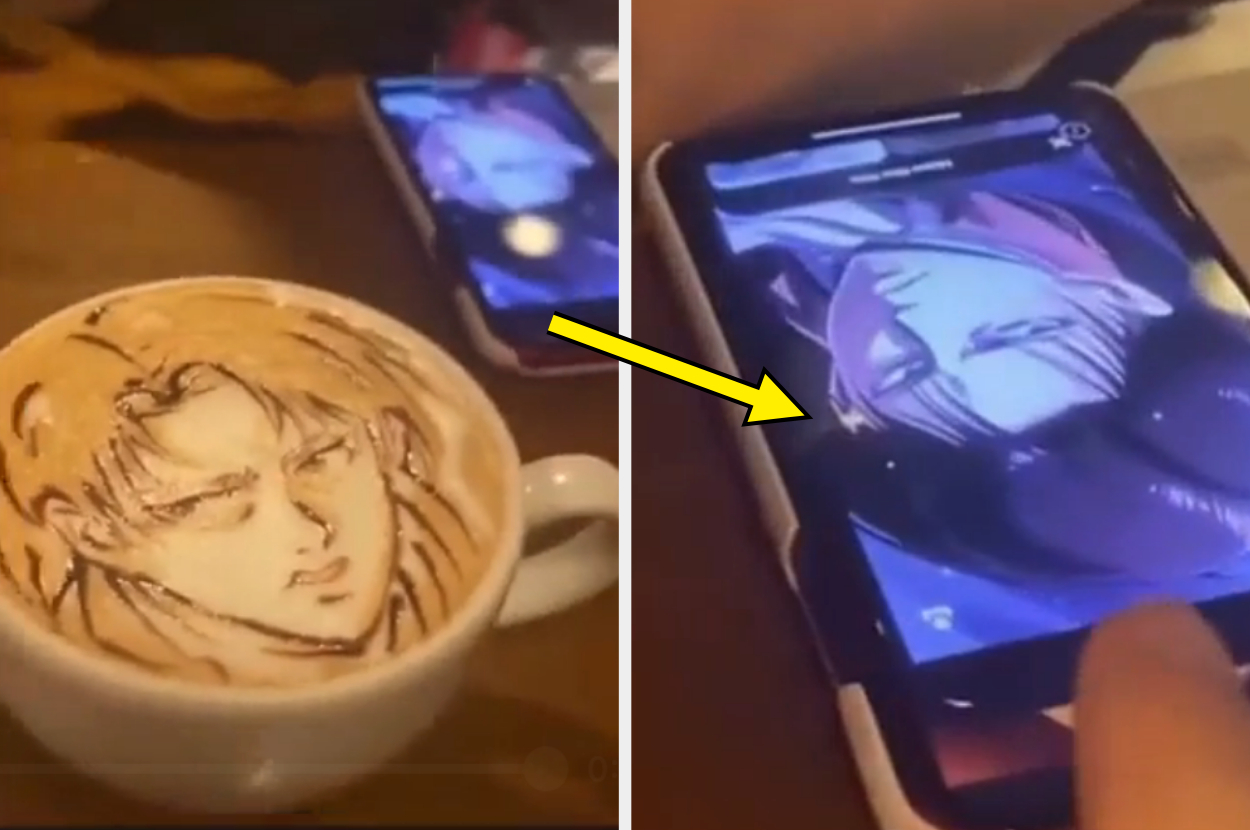Latte art depicts an anime character's face, with the identical image shown on a smartphone next to the cup