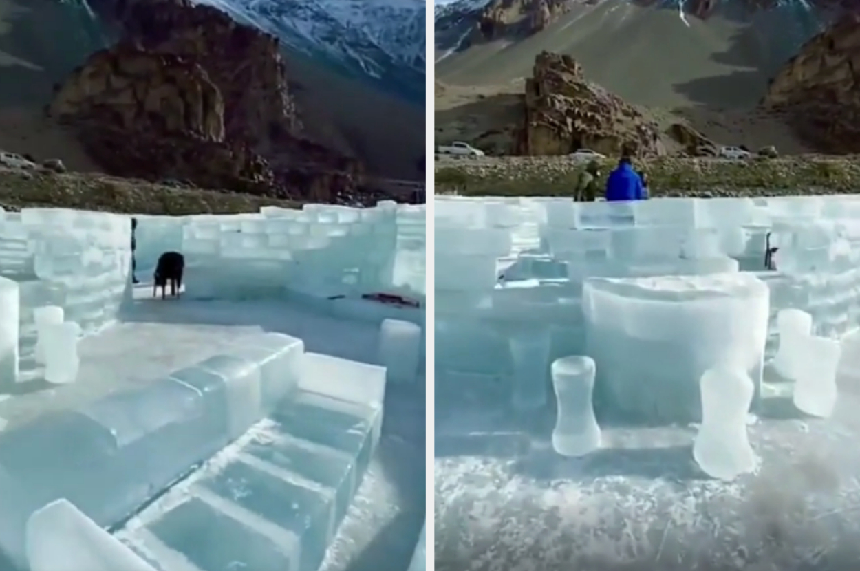 Two images showing an intricately designed ice structure in a mountainous area. The ice formation includes furniture-like shapes and walls