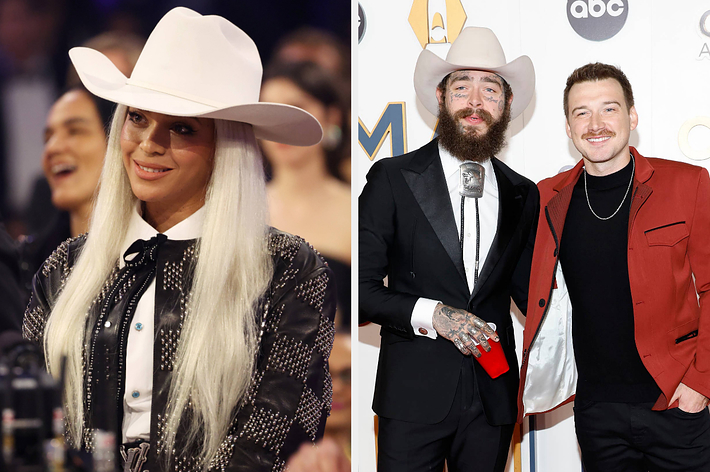 Lady Gaga in a studded jacket and cowboy hat. Post Malone in a tuxedo with a hat and Morgan Wallen in a red jacket smiling at an event