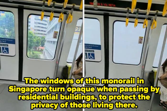 A woman sits on a seat inside a train next to doors marked with wheelchair accessible signs. The image shows different outdoor views from the train windows