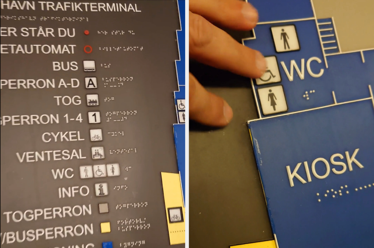 Image showing tactile signs with Braille for accessibility, including information about harbor traffic terminals, transport options, and restroom locations