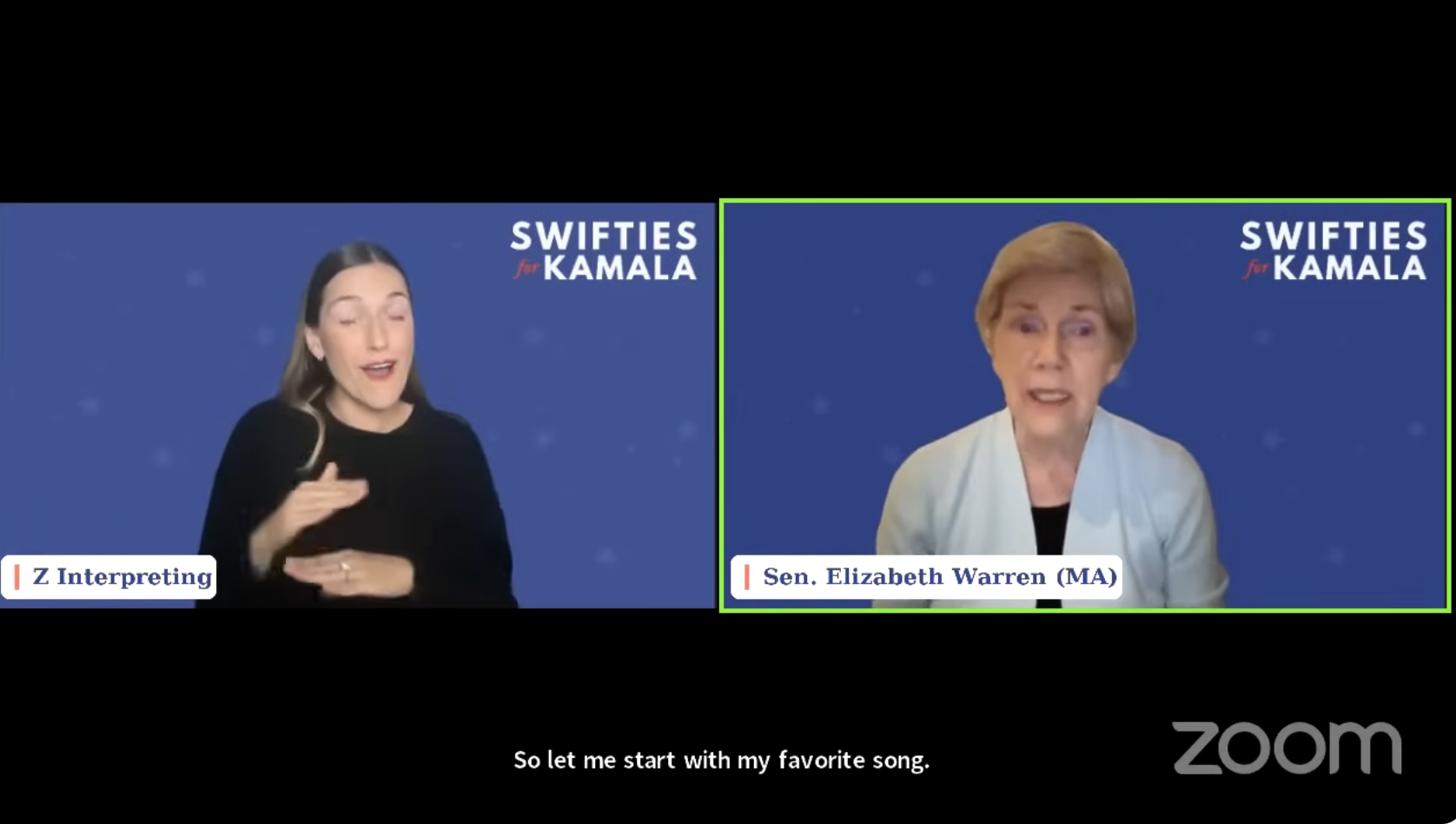 Sen. Elizabeth Warren speaks via Zoom about supporting Kamala Harris, with a sign language interpreter next to her. Subtext: &quot;So let me start with my favorite song.&quot;