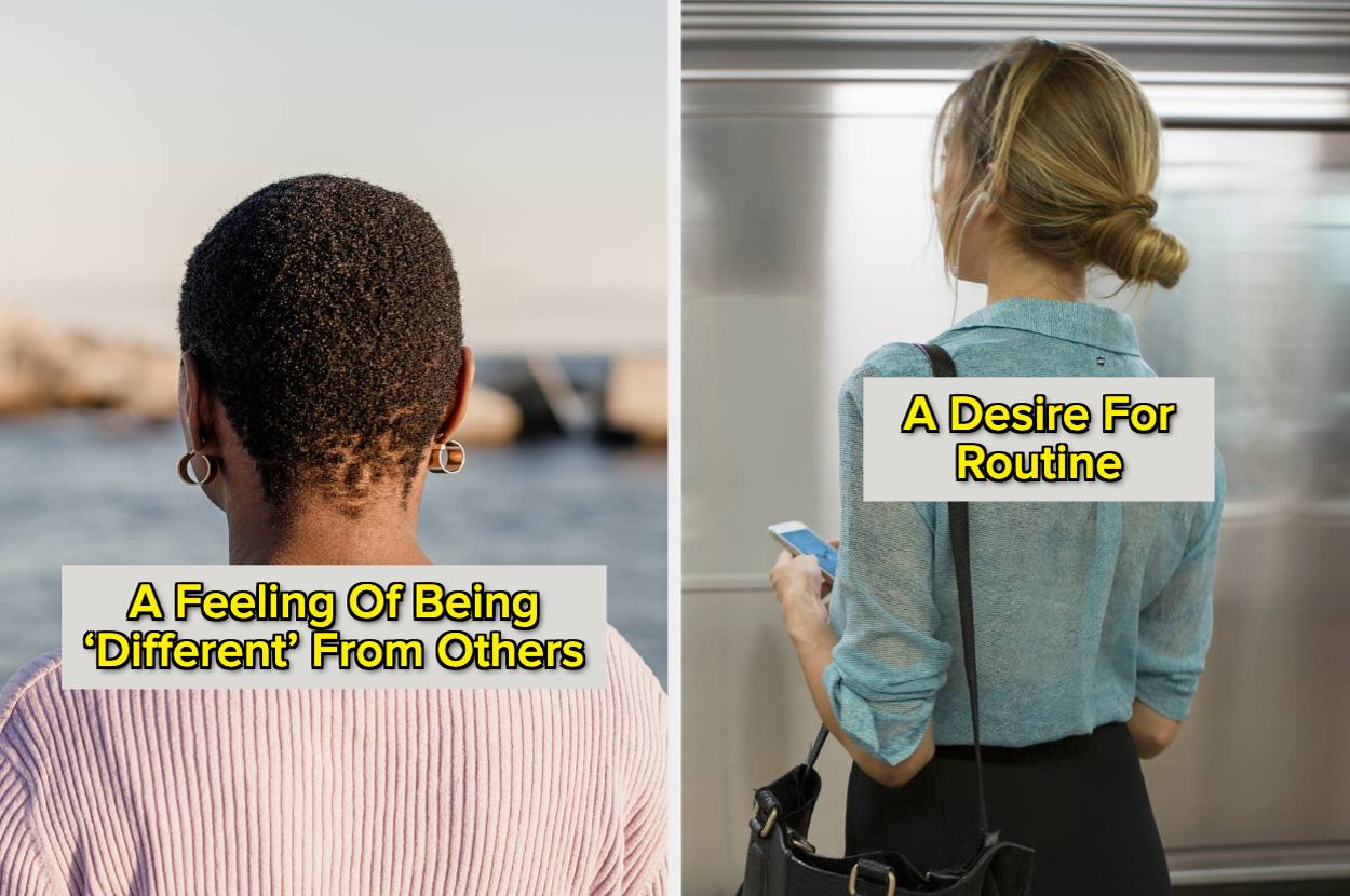 Left image: Person with short hair and earrings facing the ocean. Overlay text: "A Feeling Of Being 'Different' From Others."

Right image: Person with blonde hair in a bun at a subway station, holding a phone. Overlay text: "A Desire For Routine."
