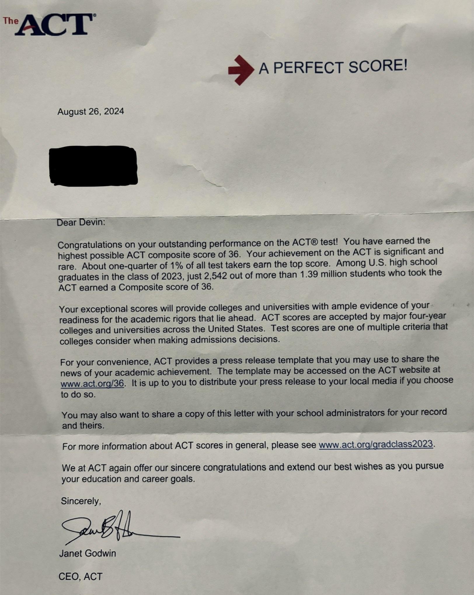 Letter congratulating Devin on scoring a perfect 36 on the ACT, signed by Janet Godwin, CEO of ACT