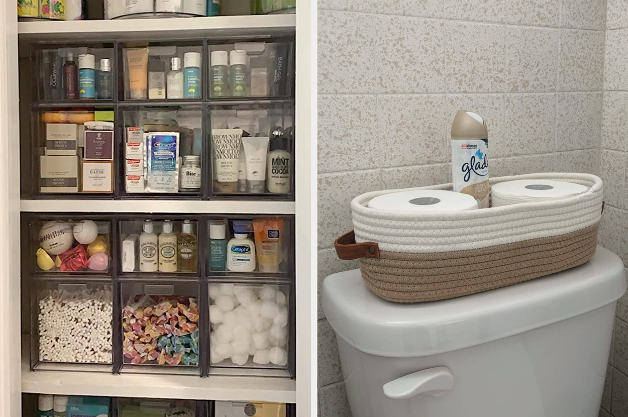 Bathroom shelf with various toiletries in clear organizing bins and a toilet tank holding a basket with Glade spray and extra toilet paper rolls