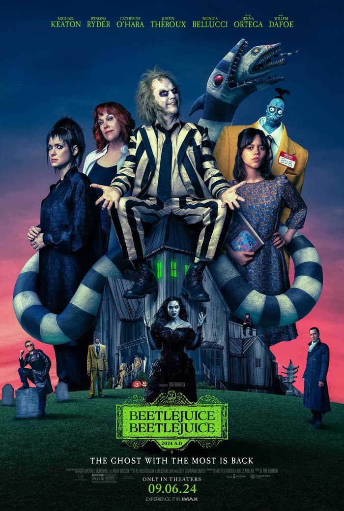 Movie poster for 'Beetlejuice 2' featuring Michael Keaton, Winona Ryder, Catherine O'Hara, Justin Theroux, Monica Bellucci, Jenna Ortega, and Willem Dafoe