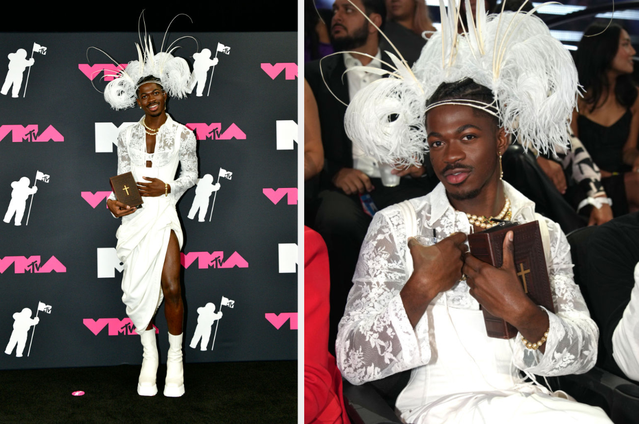Lil Nas X in an elaborate white ensemble with feathers, holding a Bible, posing on the red carpet and seated at the MTV VMAs