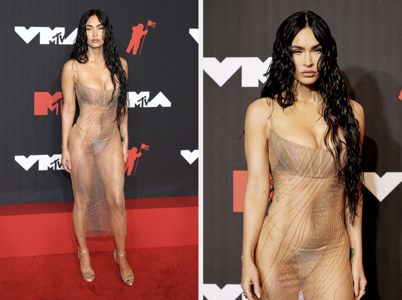 Megan Fox poses on the red carpet at the VMAs in a sheer, sparkly dress with wet-look hair