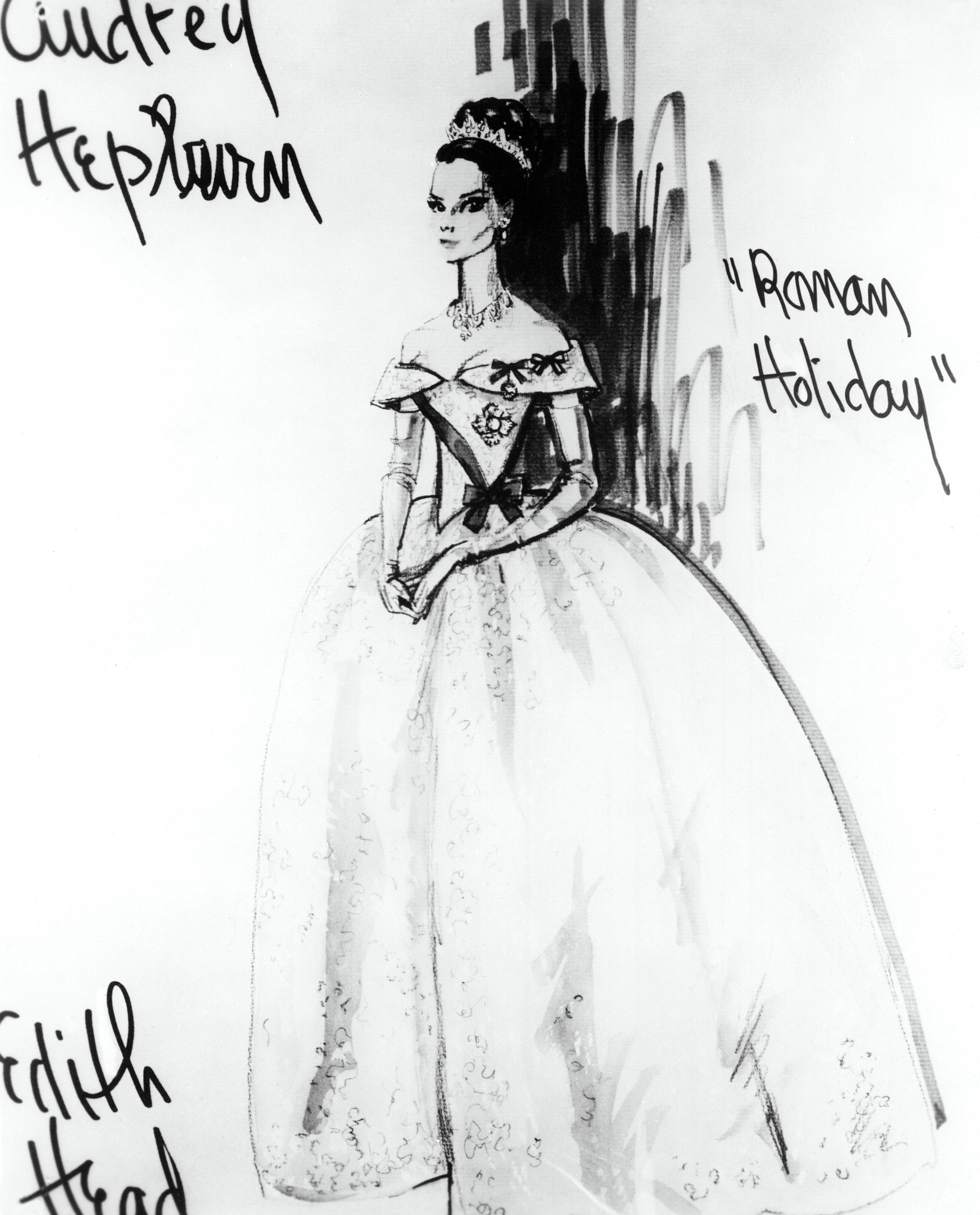 Sketch of Audrey Hepburn in a gown by Edith Head for "Roman Holiday". Handwritten names of Audrey Hepburn and Edith Head are visible