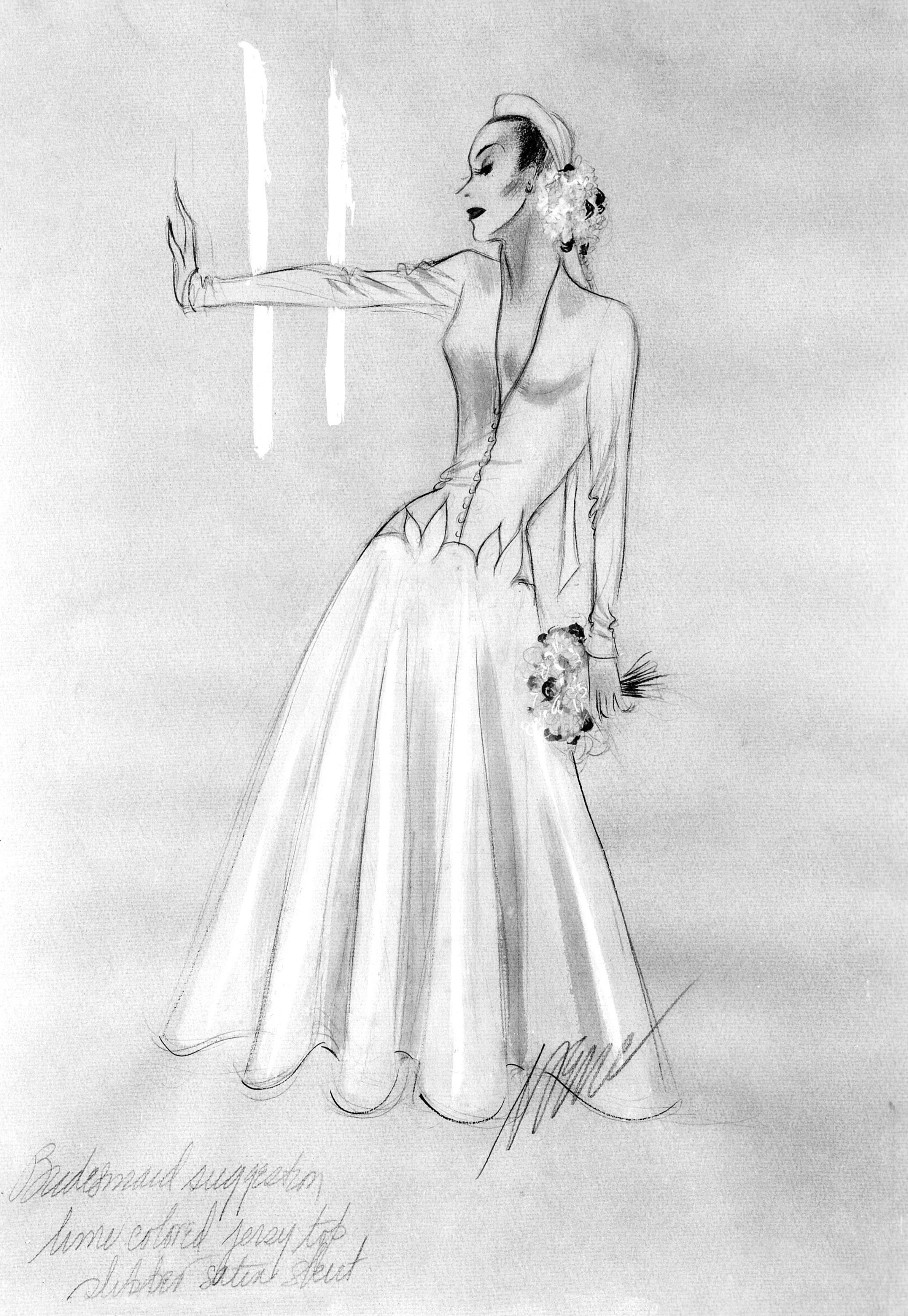 Sketch of a woman in a long, elegant dress with a tight-fitting bodice and flared skirt holding a bouquet, signed by Jozef J. Mašek