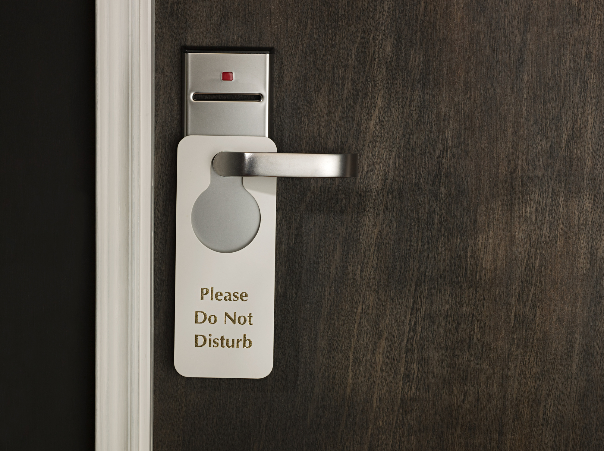 A door with a &quot;Please Do Not Disturb&quot; sign hanging on the handle, commonly seen in hotels to indicate a guest&#x27;s desire for privacy