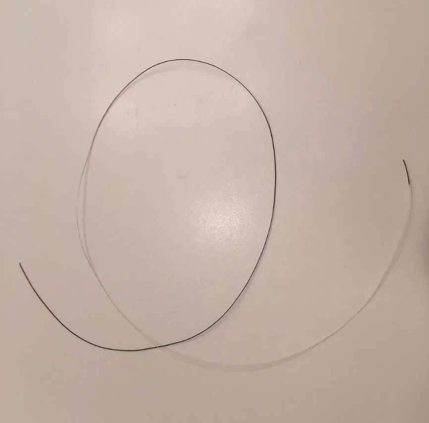 A single long strand of hair is laying on a flat, plain surface in a loose curve