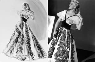 Image of Hollywood actress Ginger Rogers, wearing a black and white floral gown, shown next to a fashion sketch of the same dress