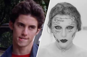 Milo Ventimiglia biting his lip and Taylor Swift with intense makeup and face tattoos in a stylized, black-and-white artistic photo