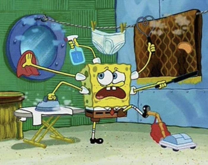 SpongeBob SquarePants multitasking with various cleaning chores including ironing, vacuuming, window cleaning, and dishwashing