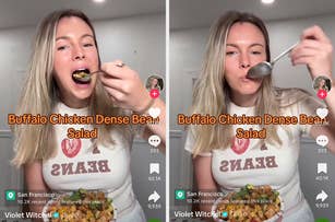 Violet Witchel eating a dense bean salad with a spoon on TikTok