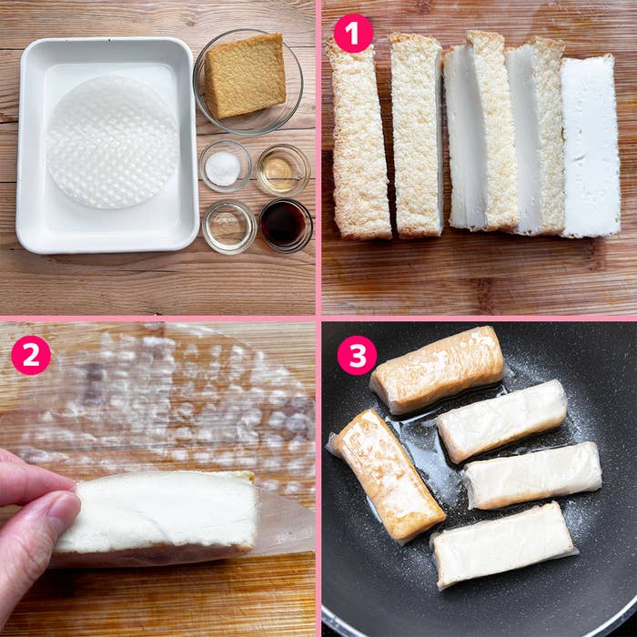 調理手順の画像です。1.食材の準備、2.ライスペーパーで具材を巻く、3.フライパンで揚げる。