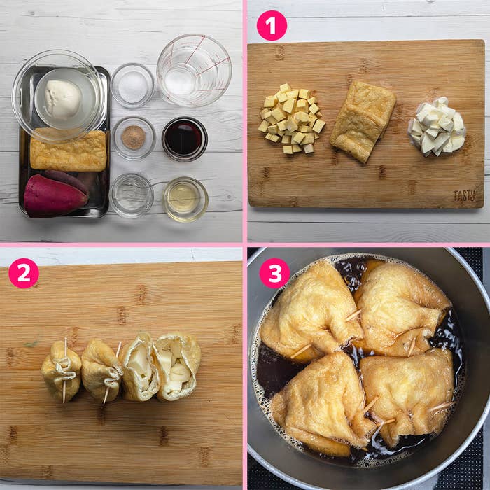 1. 板の上にある切られた食材。2. 包まれた食材。3. 鍋で煮込まれている包まれた揚げ。
