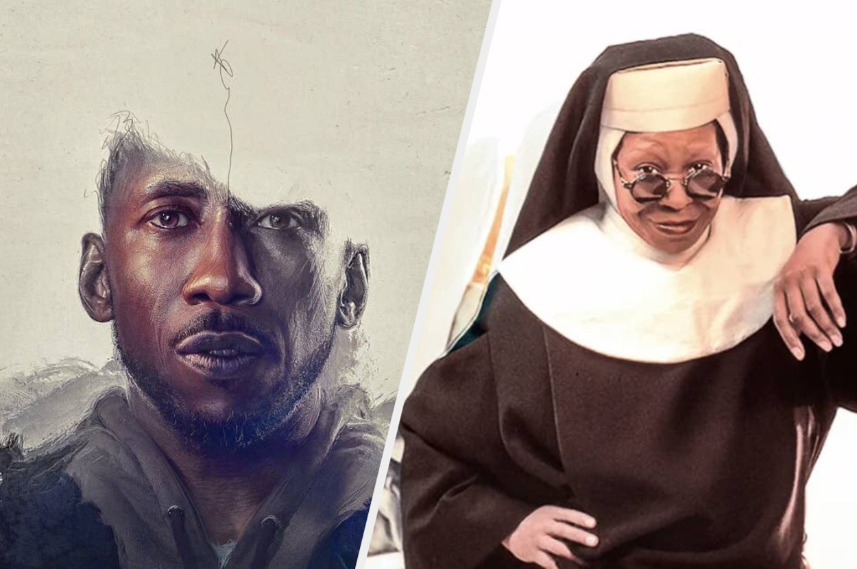 Half-drawn portrait of Mahershala Ali and a photo of Whoopi Goldberg dressed as a nun in the movie "Sister Act."