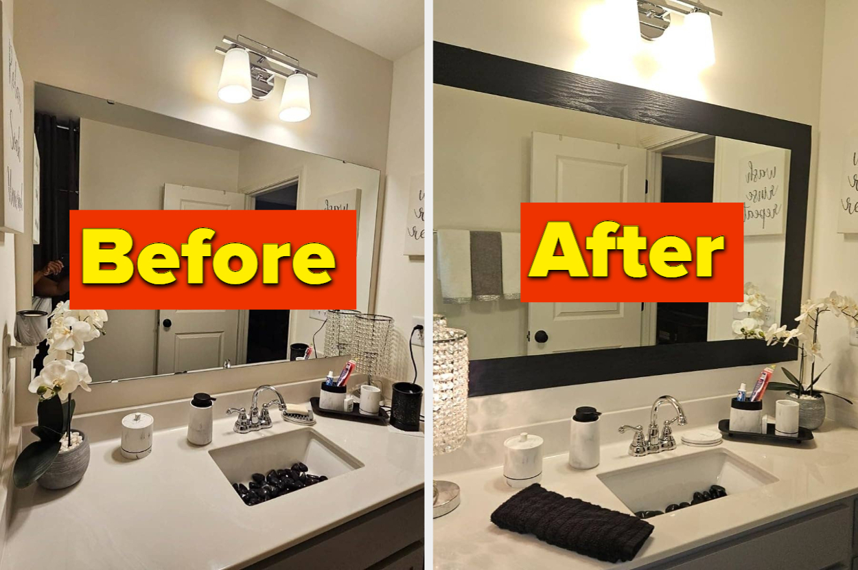 Bathroom sink area before and after a makeover with a new mirror, light fixture, and decor