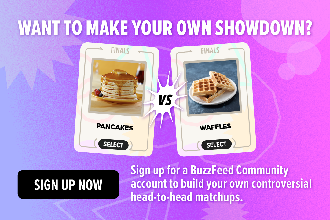 Image promoting BuzzFeed Community account. Two cards show pancakes and waffles with "Select" buttons underneath. Text reads: "Want to make your own showdown?", "Sign up now."