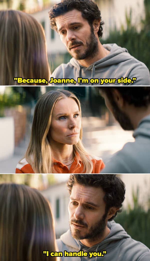 Adam Brody and Kristen Bell engage in a serious conversation outdoors in a scene from Nobody Wants This