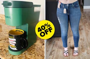 Keurig coffee maker with a Star Wars mug and a person wearing jeans with store tags, both with a 40% off sale label