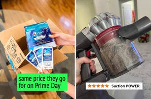 On the left, a box of Crest Whitestrips is opened from a cardboard package. On the right, a hand holds a Dyson vacuum cleaner showing its suction power