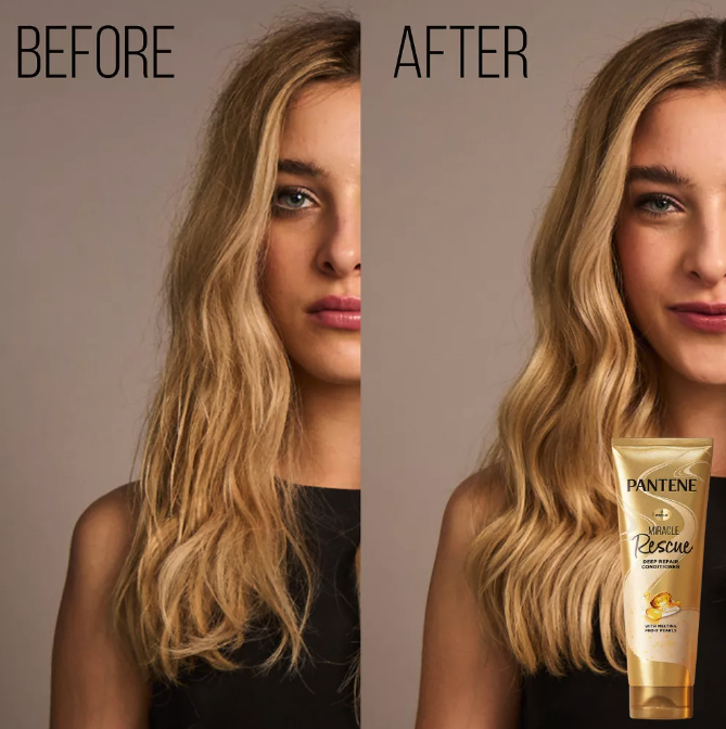Split image of a model with wavy hair. Left side labeled "Before" shows frizzy hair, right side labeled "After" shows smooth hair with Pantene conditioner