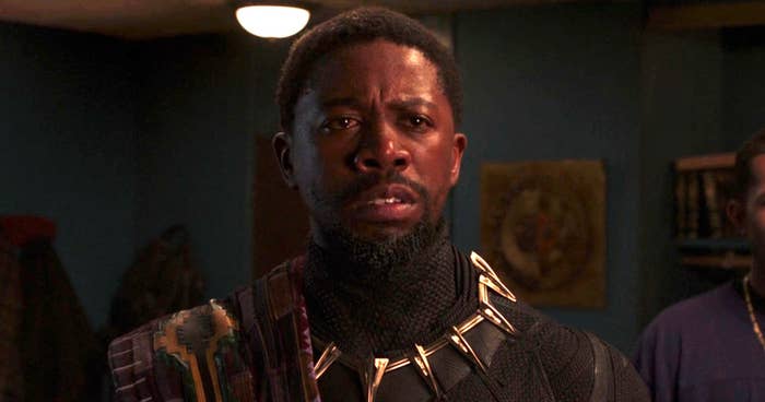 Atandwa Kani in a Black Panther costume without a mask