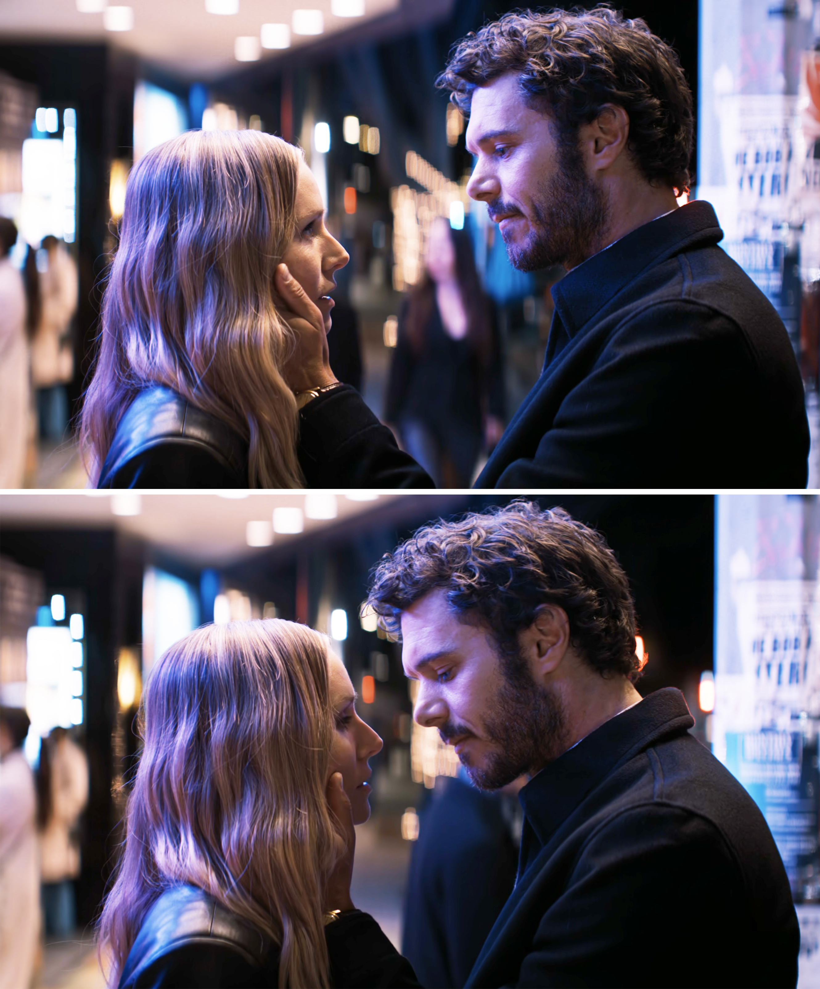 Two images of Kristen Bell and Adam Brody in a close, intimate moment on a city street at night
