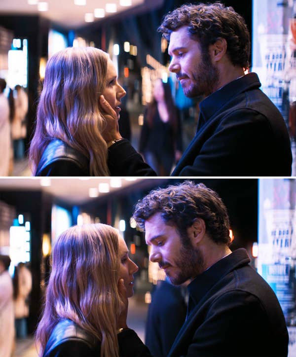 Two images of Kristen Bell and Adam Brody in a close, intimate moment on a city street at night