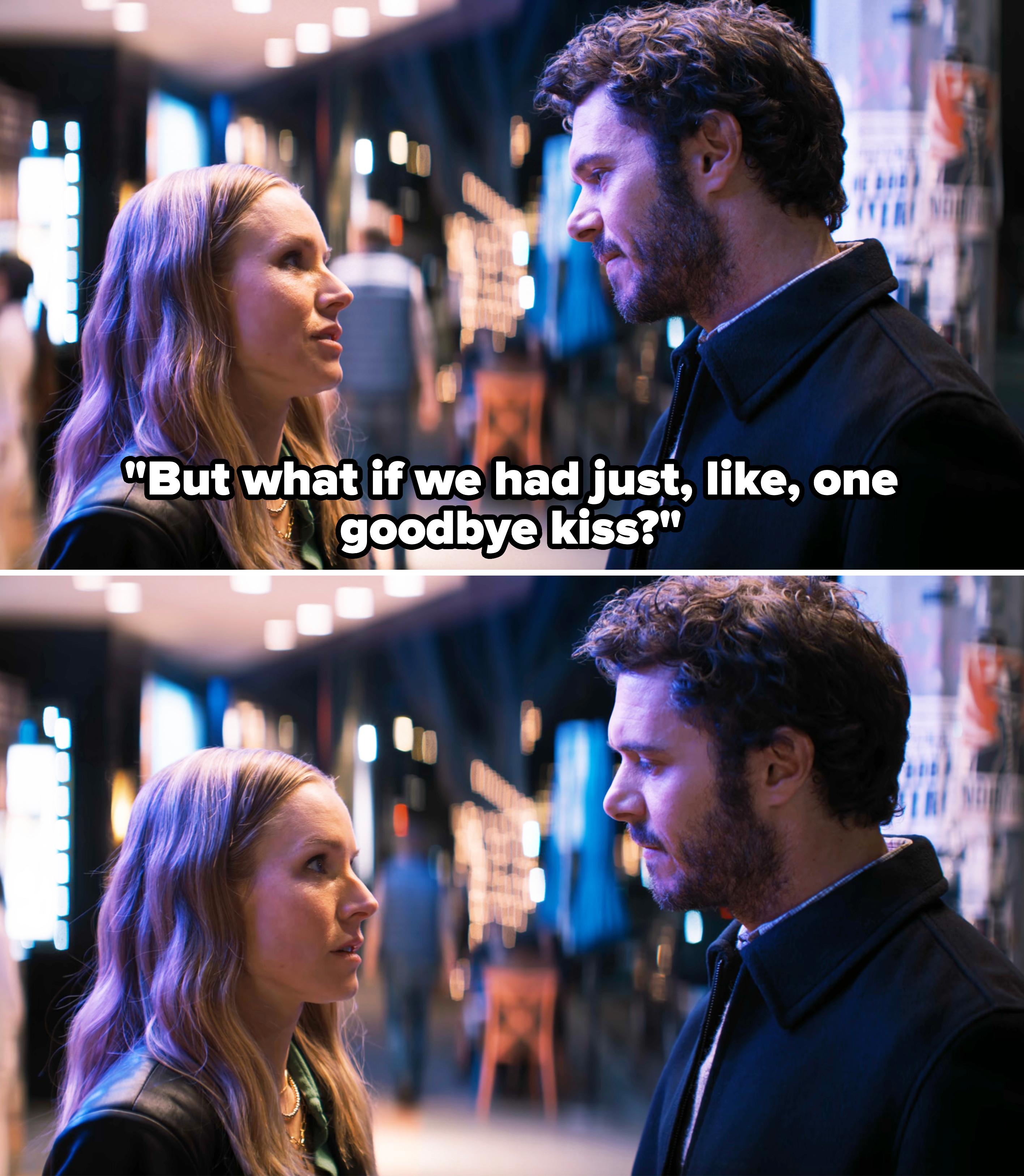 Top: Joanne and Noah speaking. Text: "But what if we had just, like, one goodbye kiss?" Bottom: They face each other in an emotional moment