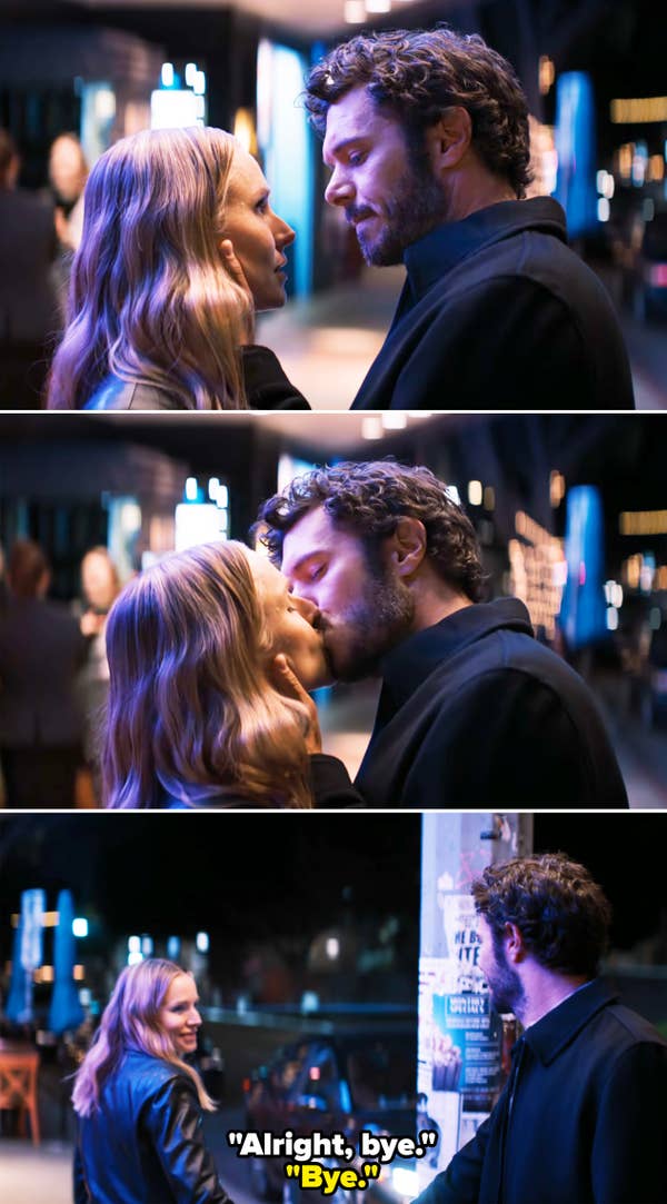 Kristen Bell and Adam Brody are seen in scenes from a TV show, standing close, kissing, and walking away smiling