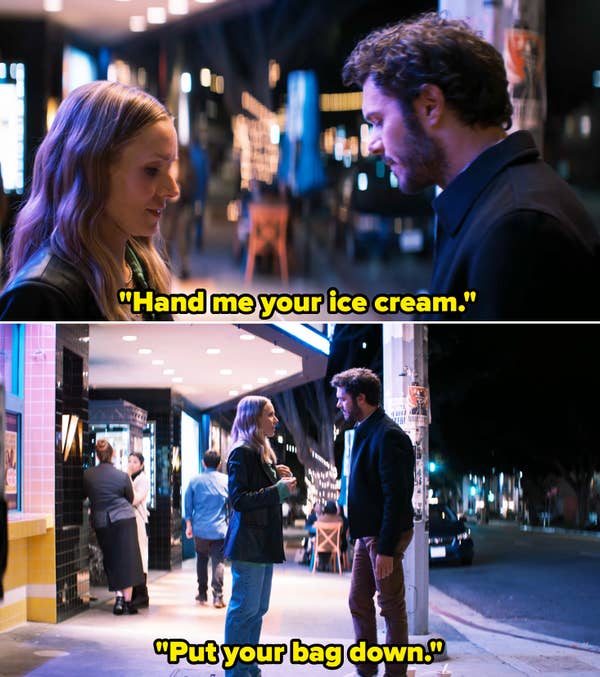 Kristen Bell and Adam Brody standing together in a scene, where Brody asks her to put her ice cream down