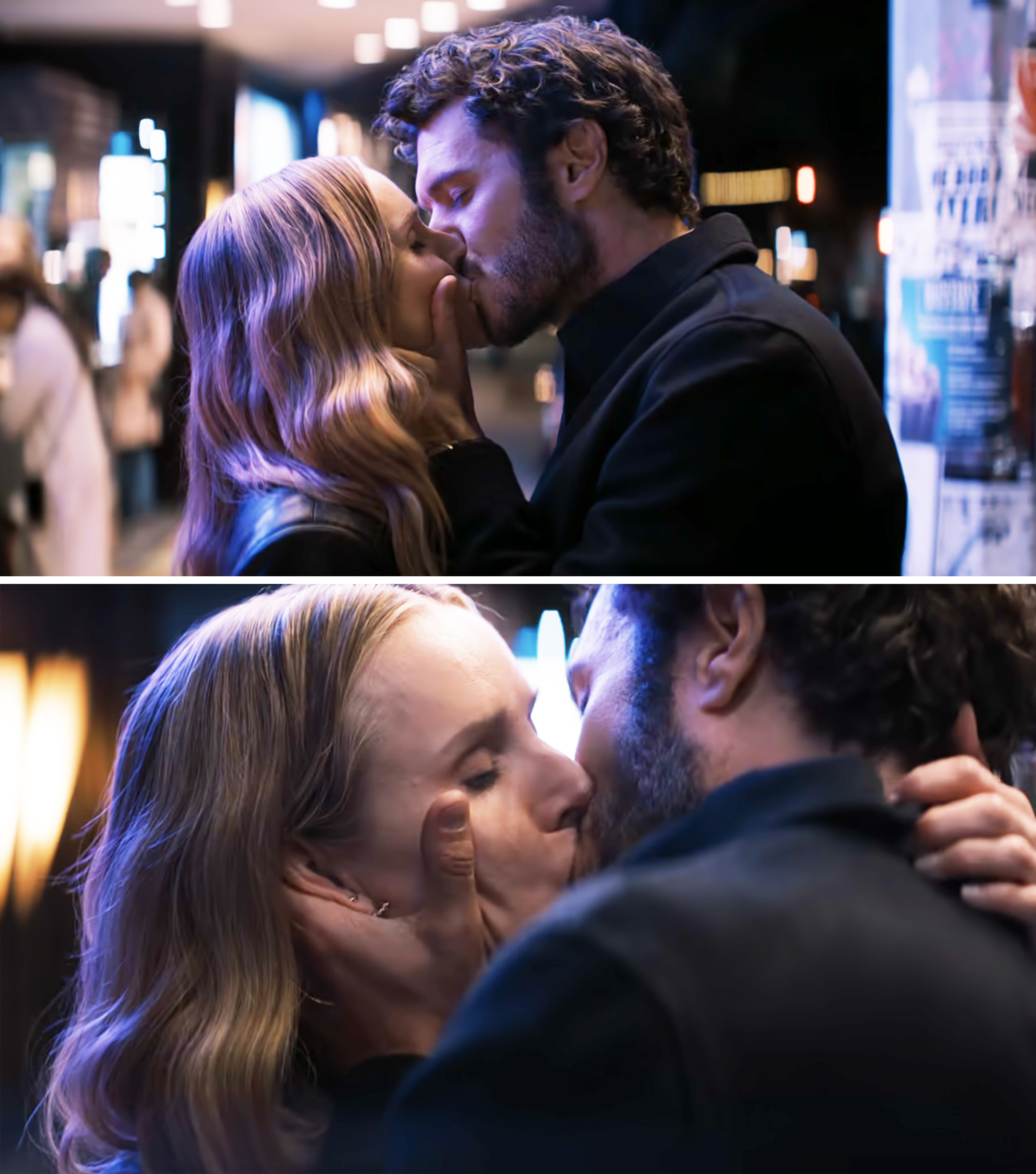 Kristen Bell and Adam Brody kiss affectionately in an urban nighttime setting. Kristen embraces Adam's face passionately with both hands