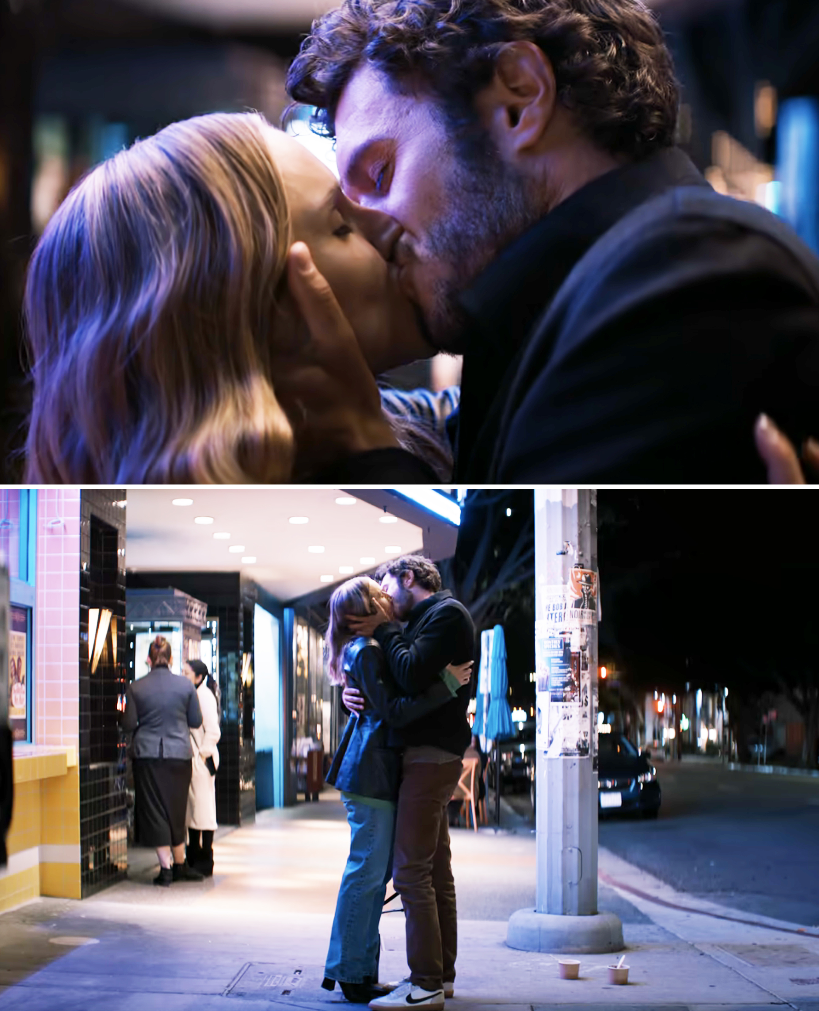 Kristen Bell and Adam Brody share a passionate kiss in a close-up scene and embrace on a nighttime city street in another scene