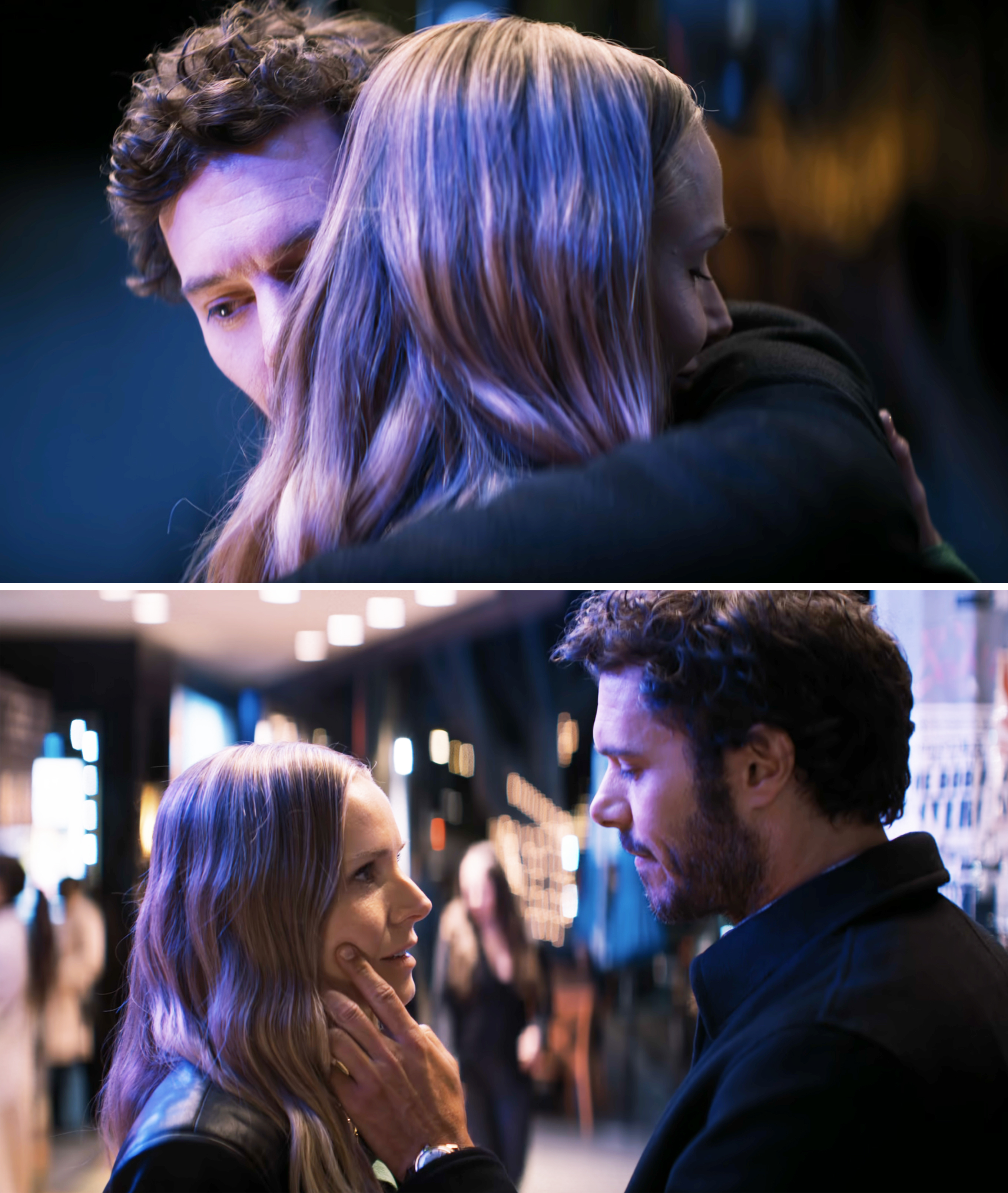 Kristen Bell and Adam Brody in a close, tender moment from a scene; in the second image, they engage in an intense conversation