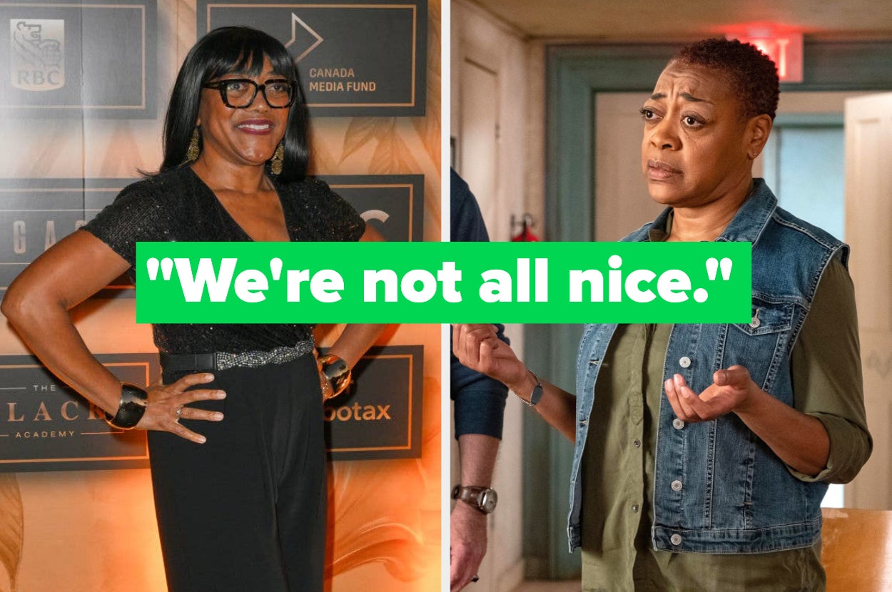 In split image, Sharon Duncan-Brewster poses in a gown on the left; Aunjanue Ellis wears casual attire on the right, with text overlay: "We're not all nice."