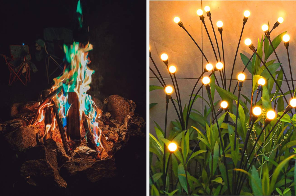A side-by-side image: the left shows a campfire with glowing embers, the right shows garden lights resembling glowing flowers amidst green leaves