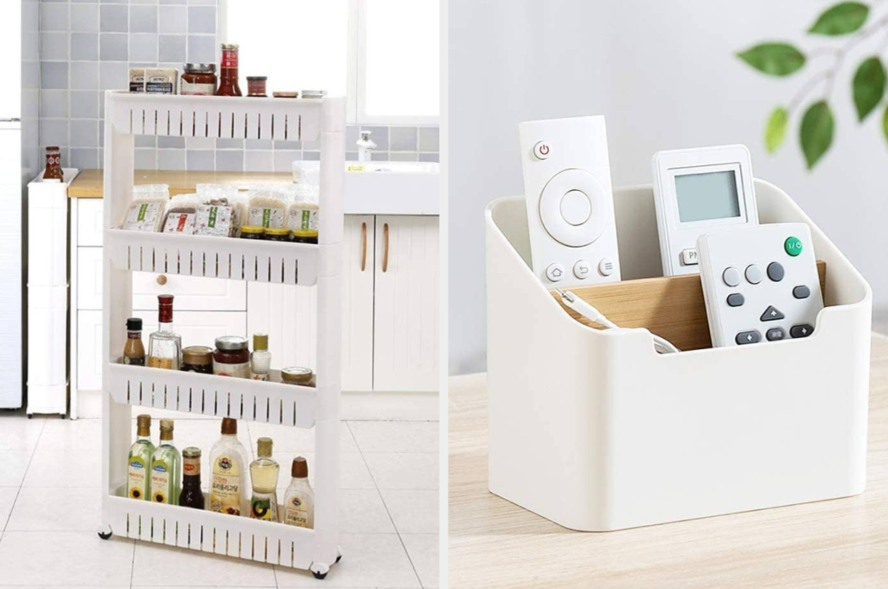 A kitchen with a white rolling pantry shelf on the left holding various food items and a white organizer on the right holding remote controls and a thermometer