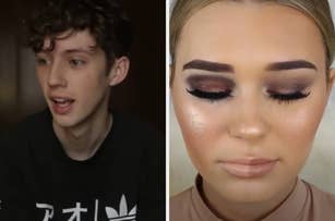 Troye Sivan and Michelle Phan are seen in split-screen images. Both are wearing casual dark shirts, with Michelle Phan's shirt featuring text "LIVE BY THE CREED."
