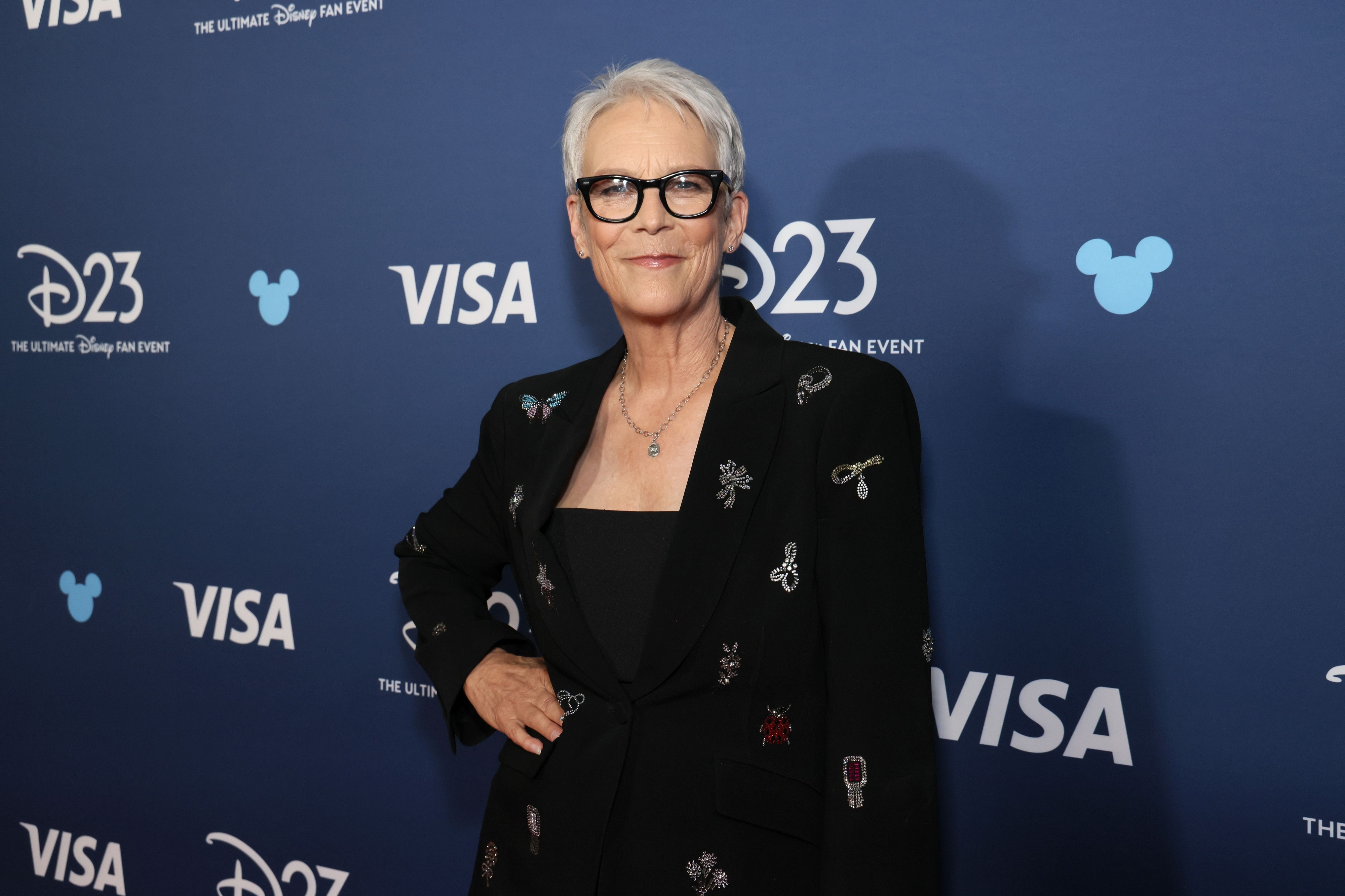 Jamie Lee Curtis in a black blazer with pattern details at D23: The Ultimate Disney Fan Event in Anaheim, California