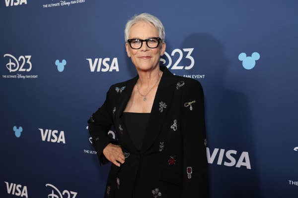 Jamie Lee Curtis in a black blazer with pattern details at D23: The Ultimate Disney Fan Event in Anaheim, California