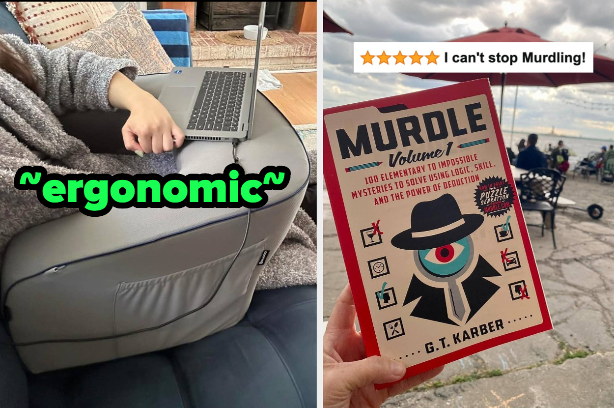 Person using a laptop on an ergonomic lap desk on the left; on the right, a hand holds the book "Murdle Volume 1" by G.T. Karber by the sea with a five-star review above