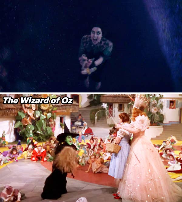 Rio flying on a broom and laughing vs a scene from The Wizard of Oz featuring the Wicked Witch laughing at Glinda and Dorothy